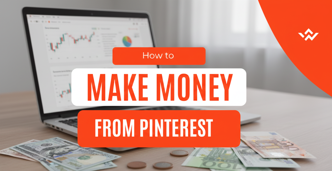 a image of laptop and cash are on the table showing as background and a title " How to make money from Pinterest " is showing