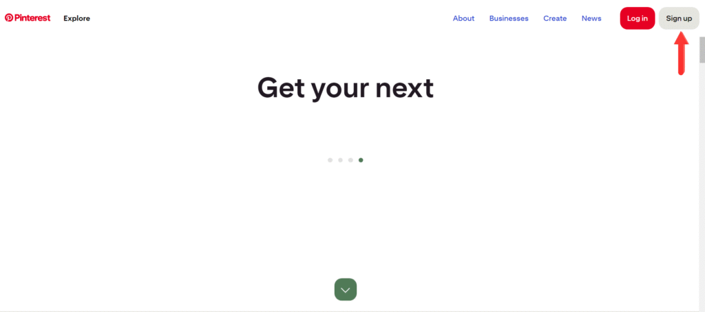 Pinterest account create Sign up button showing up on pinterest