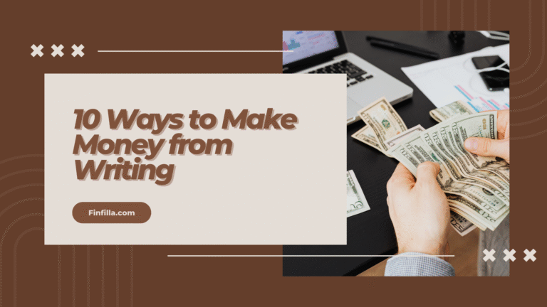 A girl counting cash in front of laptop and a title " 10 ways to make money from writing " showing in other frame