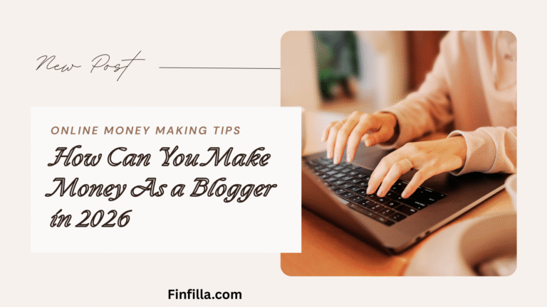A girl using black laptop and a title " How can you make money as a blogger in 2026 showing in other frame.