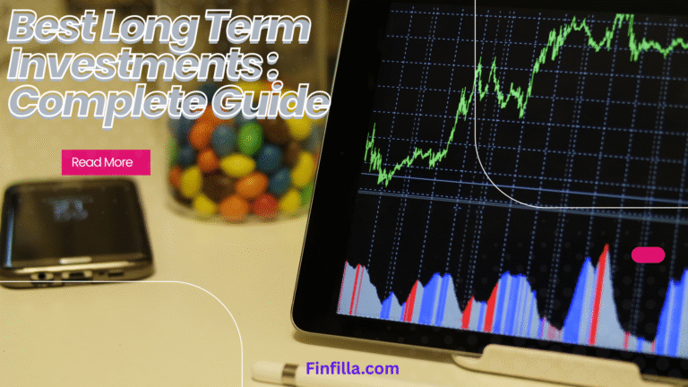 Investing in stock market graph is showing on black screen and a title " Best long term investments : complete guide " is showing as a heading