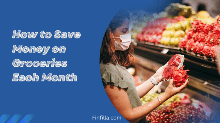 A girl shopping for grocery items and a heading " How to save money on groceries each month" showing