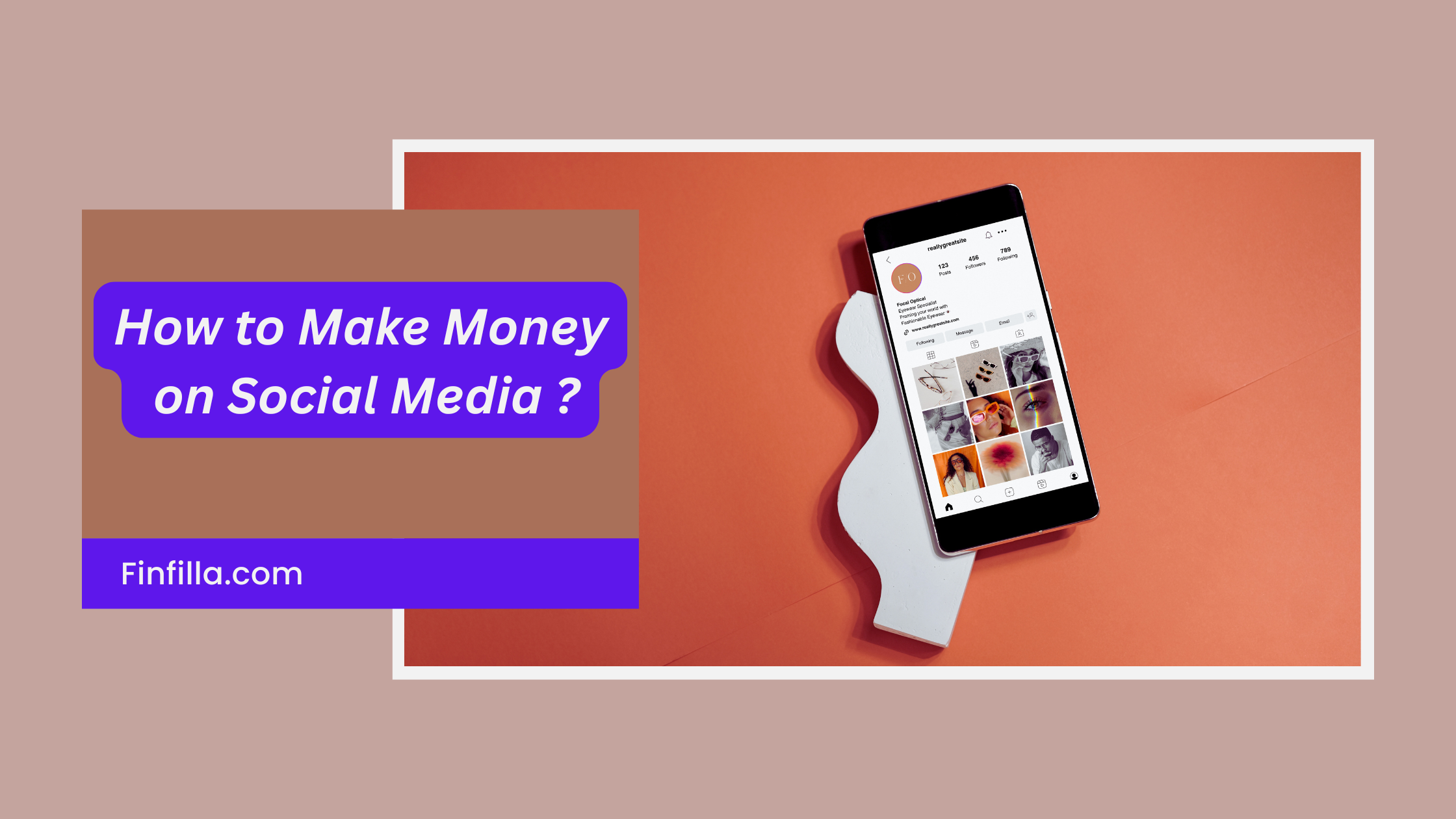 A smartphone displaying a social media profile rests on a wavy white stand against an orange background. Text reads "How to Make Money on Social Media?"