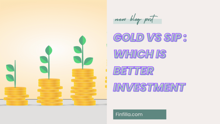 Stacks of gold coins with growing plants symbolize investment growth. Text reads "Gold vs SIP: Which is Better Investment" on a neutral background.