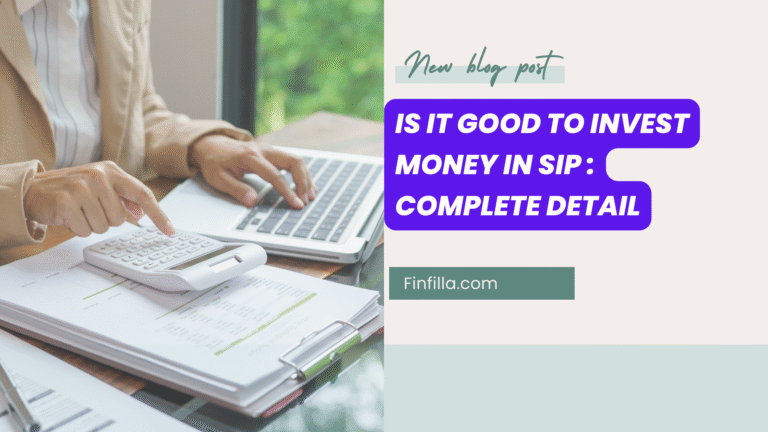 A woman using a white laptop and a calculator and a title " Is it good to invest money in SIP : complete detail " showing in blue background effect