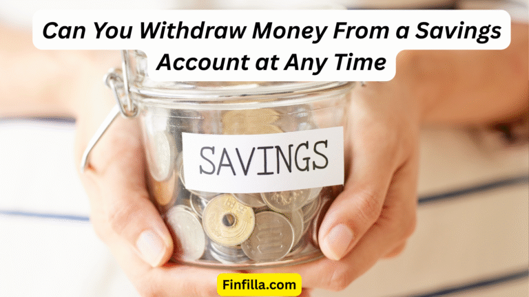 A person holds a clear jar labeled "SAVINGS" filled with coins. The image text asks about withdrawing money from savings. The tone is informative.