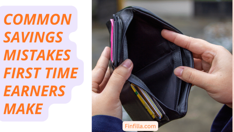 A person holds an empty black wallet. To the left, bold orange text reads, "COMMON SAVINGS MISTAKES FIRST-TIME EARNERS MAKE." The mood is cautionary.