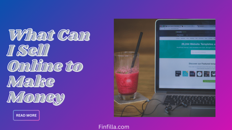 Alt text: "Gradient background with text 'What Can I Sell Online to Make Money.' A laptop displays website templates, next to a glass of a red drink. Tone is informative and entrepreneurial."