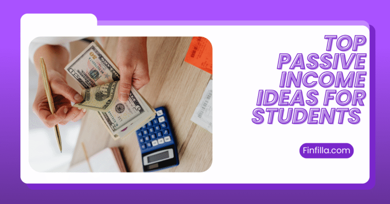 A person holds US dollar bills and a pen over a wooden desk with a blue calculator, papers, and receipts. Text reads "Top Passive Income Ideas for Students."