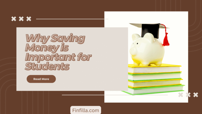 A piggy bank with a graduation cap sits atop stacked books on the right. The text "Why Saving Money is Important for Students" appears on the left. Tone is informative.