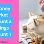 A hand places a coin into a shiny gold piggy bank surrounded by coins. The text on a pink and blue background asks, "Is Money Market Account a Savings Account?"