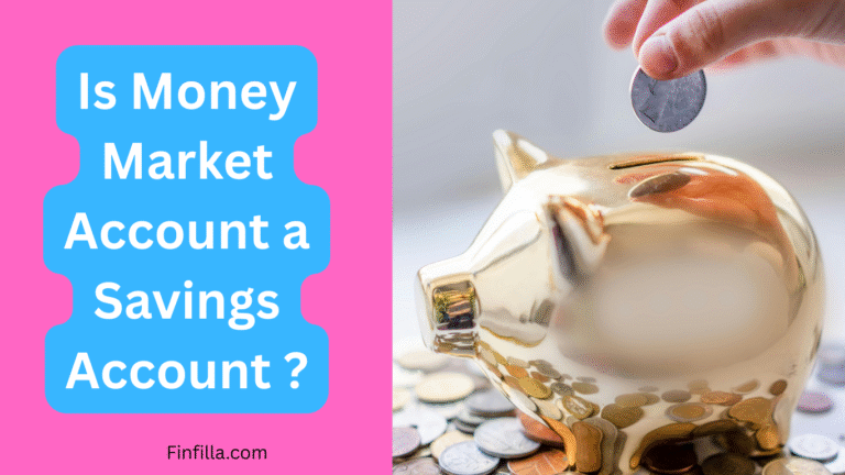 A hand places a coin into a shiny gold piggy bank surrounded by coins. The text on a pink and blue background asks, "Is Money Market Account a Savings Account?"