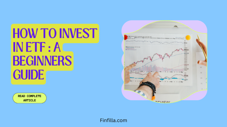 Alt text: "Colorful infographic on a blue background reads 'How to Invest in ETF: A Beginners Guide.' A hand points to a stock chart with upward trends. Keywords: investing, ETF, beginners guide, stock market."