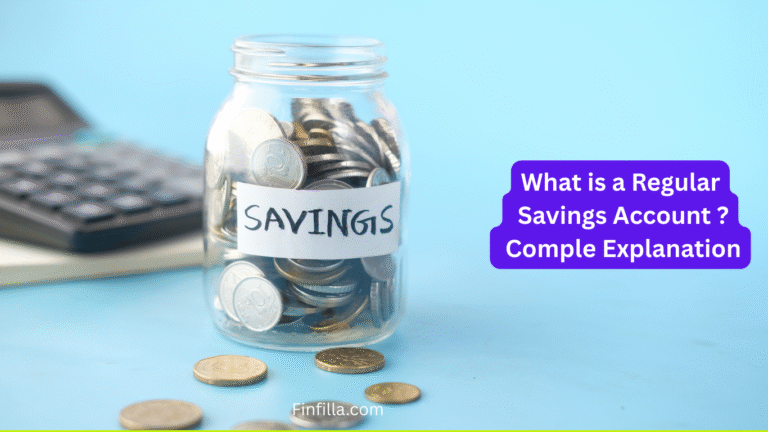 Some coins inside the piggy bank and some are outside of piggy bank and headline " What is a regular savings accounts ? Comple explanation " are showing in this image
