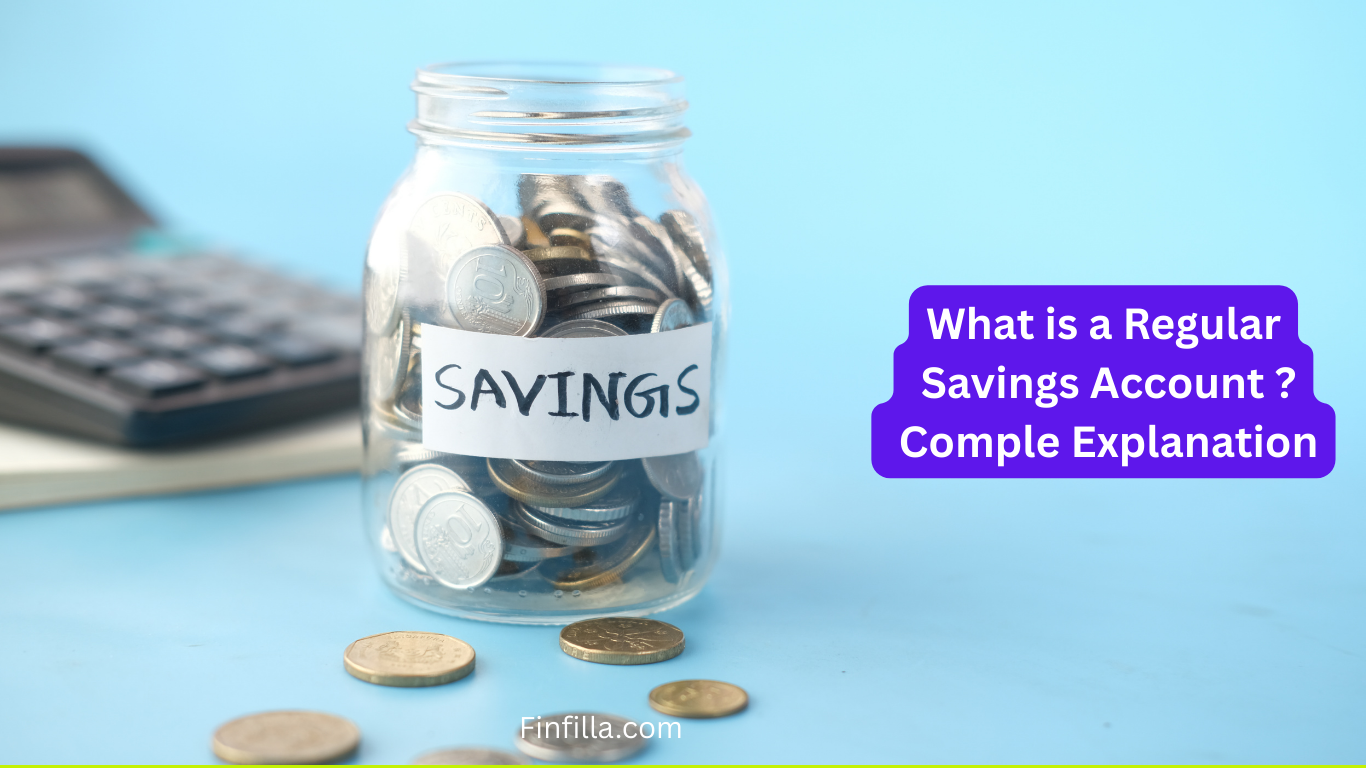 Some coins inside the piggy bank and some are outside of piggy bank and headline " What is a regular savings accounts ? Comple explanation " are showing in this image