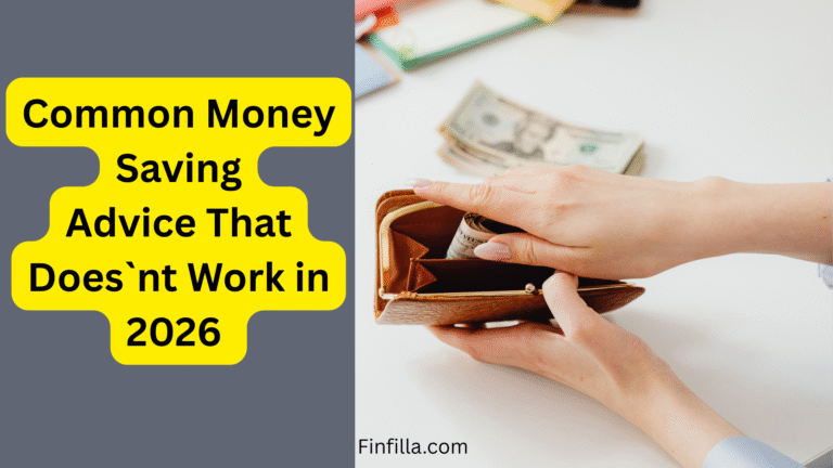 A person holds an open brown wallet with cash inside. Text reads, "Common Money Saving Advice That Doesn't Work in 2026." Website: Finfilla.com.