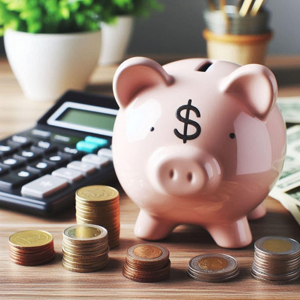 Saving Account Money coins, piggy bank and a calculator are showing