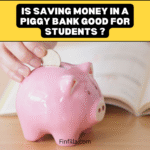 A person putting a coin inside the white piggy bank and a title " is saving money in a piggy bank good for students ? showing on top heading