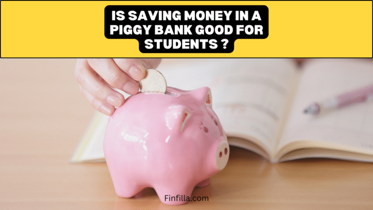 A person putting a coin inside the white piggy bank and a title " is saving money in a piggy bank good for students ? showing on top heading