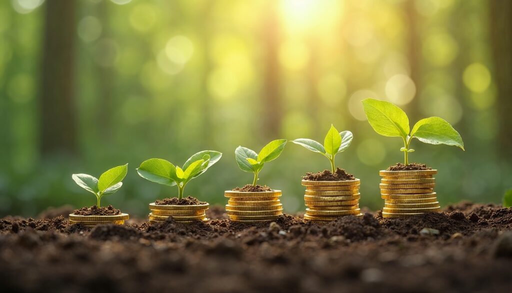 Stacks of gold coins with small plants growing on top, arranged in increasing height on soil. Sunlight filters through a blurred green forest, suggesting growth.