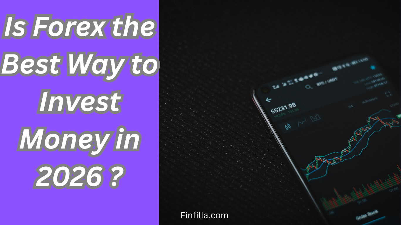 Forex trading chart is showing on phone`s screen in right side and a heading " Is forex the best way to invest money in 2026 ?" is showing in left side