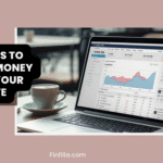 A laptop on a table displays financial graphs while a coffee cup sits nearby. Text reads "15 Ways to Make Money from Your Website."