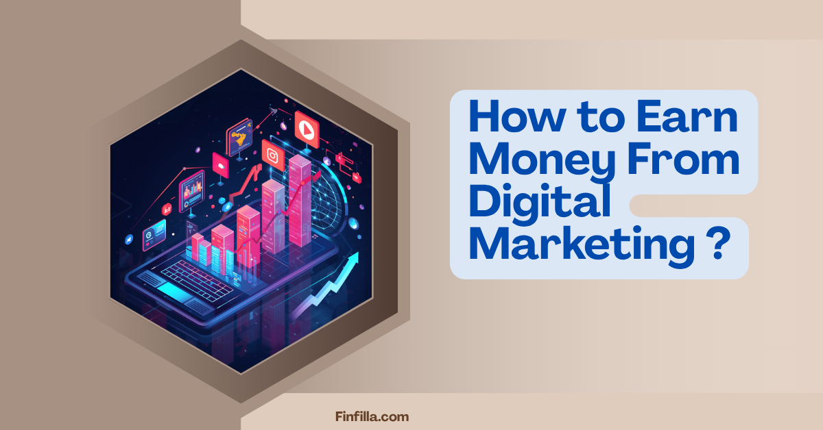 Hexagonal graphic showing a smartphone with rising bar charts and social media icons, symbolizing digital marketing. Text reads: "How to Earn Money From Digital Marketing?"