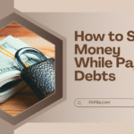 Hexagonal photo of rolled dollar bills secured with a padlock, set on a wooden table. Text: "How to Save Money While Paying Debts," evoking financial security.