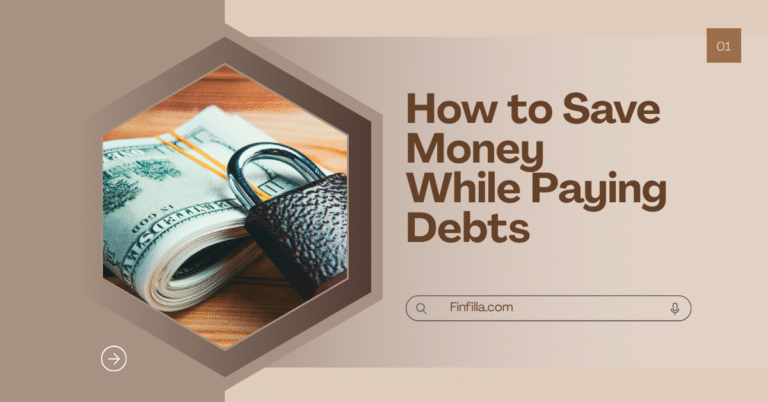 Hexagonal photo of rolled dollar bills secured with a padlock, set on a wooden table. Text: "How to Save Money While Paying Debts," evoking financial security.
