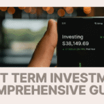 A person holds a smartphone displaying an investment app with $38,149.69. Background shows blurred lights. Text below reads "Short Term Investment: Comprehensive Guide."