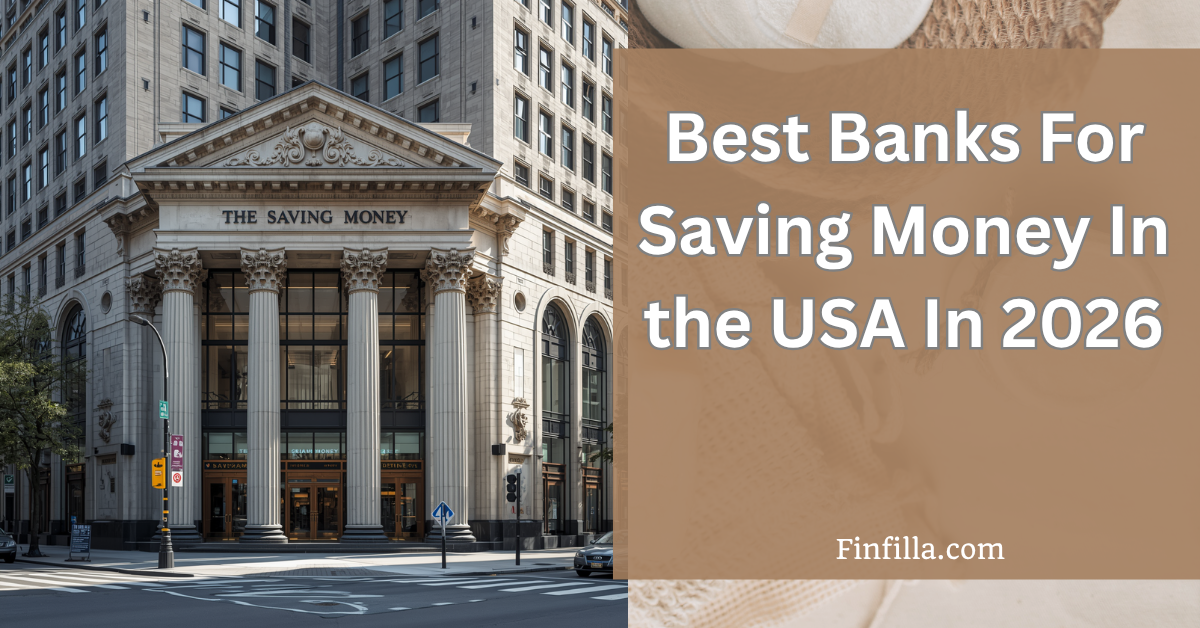 Alt text: "Historic bank building with columns, captioned 'Best Banks for Saving Money in the USA in 2026' on a brown overlay. Finfilla.com logo."