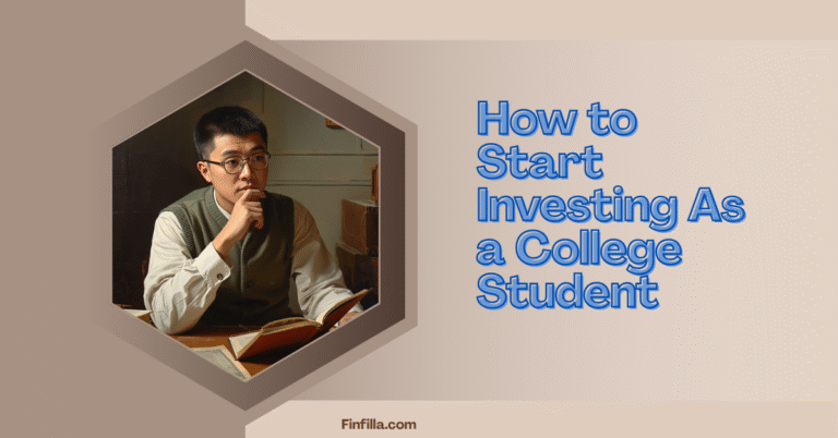 A young man in a vest and glasses reads a book thoughtfully, symbolizing learning. Text beside him reads, "How to Start Investing As a College Student."