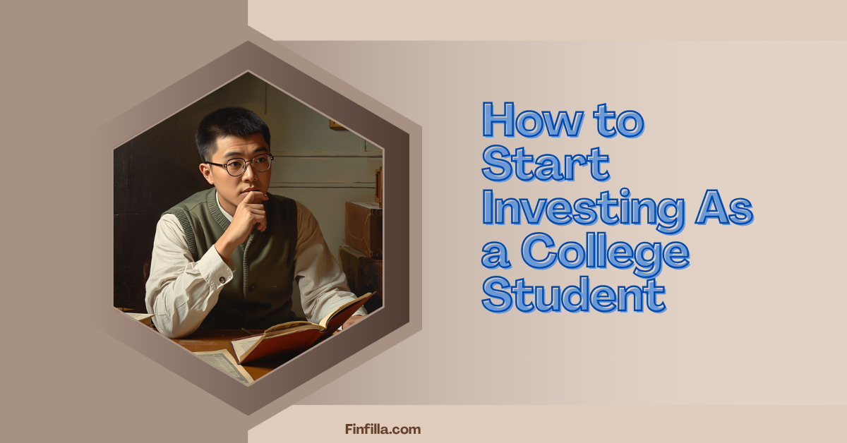 A young man in a vest and glasses reads a book thoughtfully, symbolizing learning. Text beside him reads, "How to Start Investing As a College Student."
